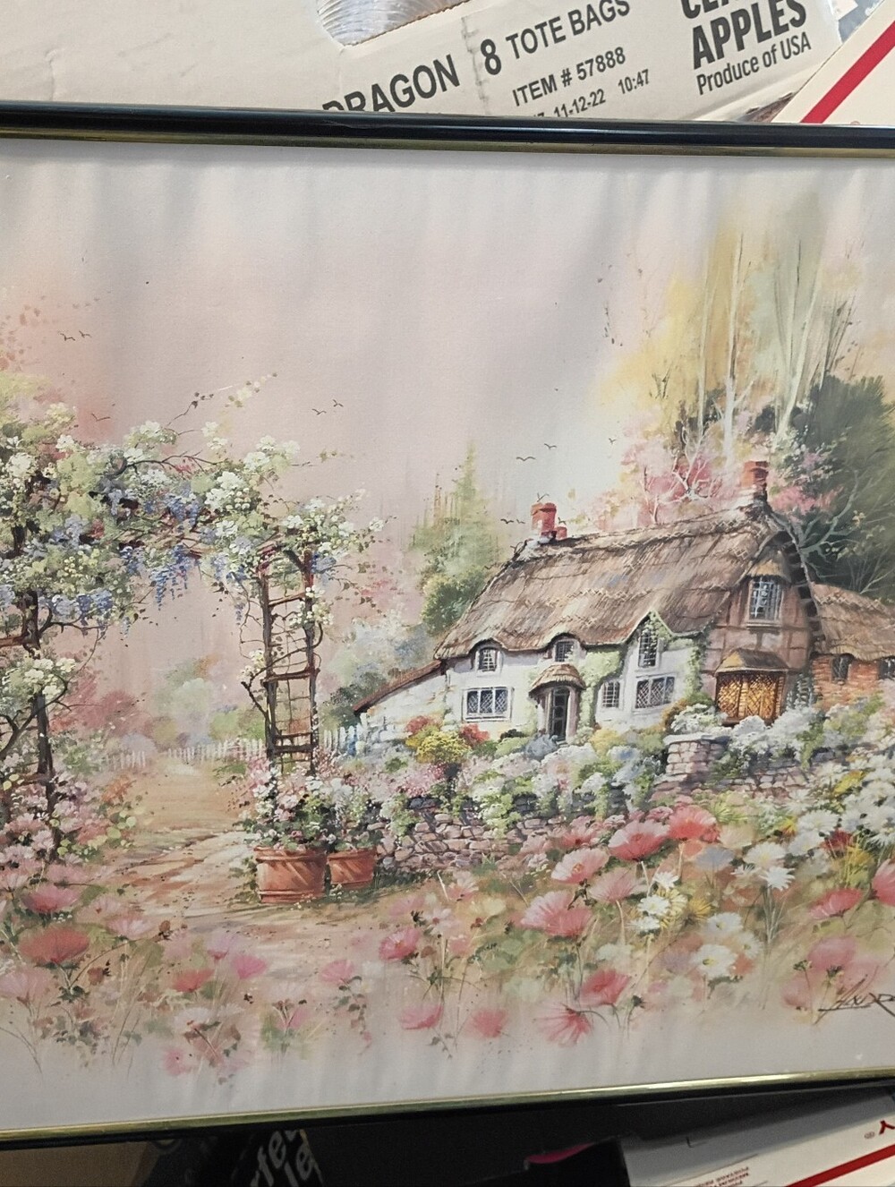 Andres Orpinas-Framed Cottage Garden Watercolor Print in Pastel Pinks and Greens